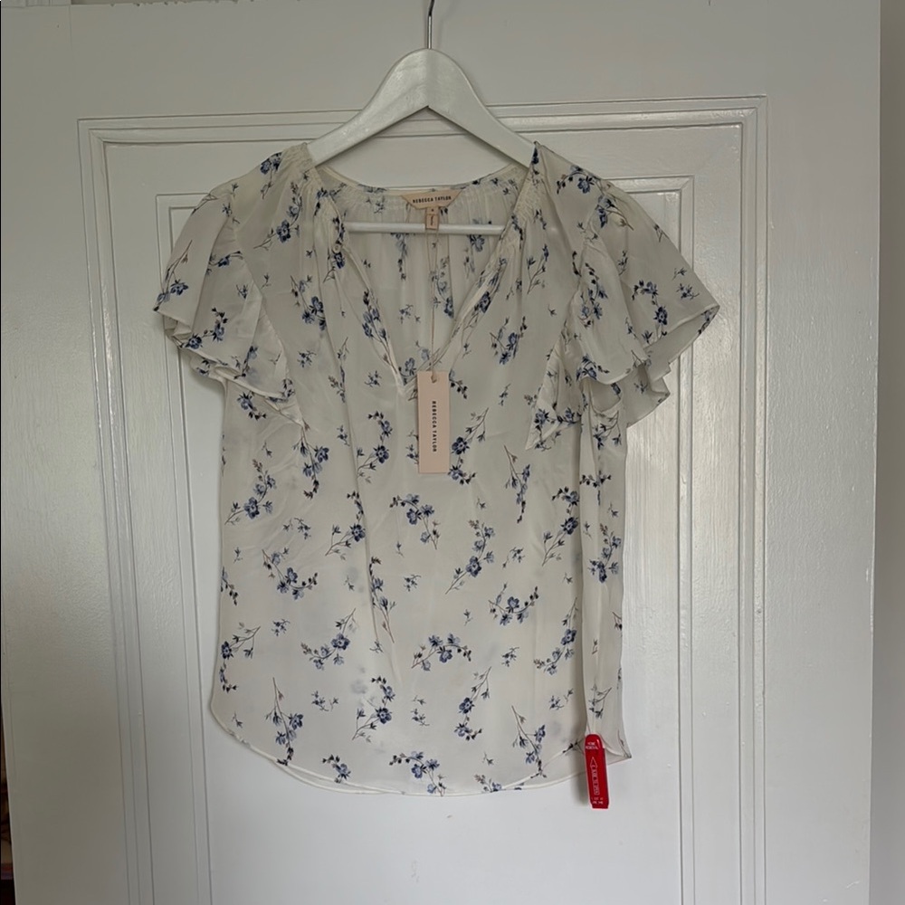 Rebecca Taylor Floral White and Blue Women's Top